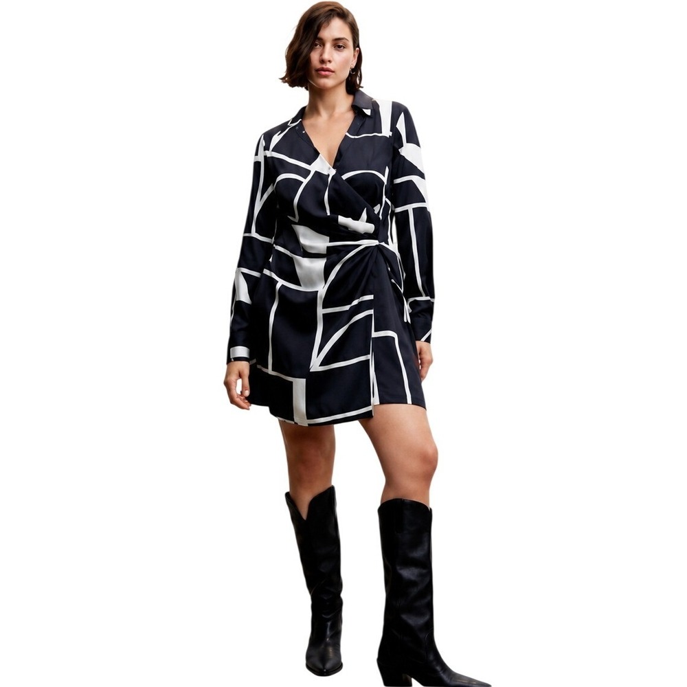 Mango MNG Women Black White Geometric Satin Wrap Mini Dress Plus Size 18 /‎ 3XL